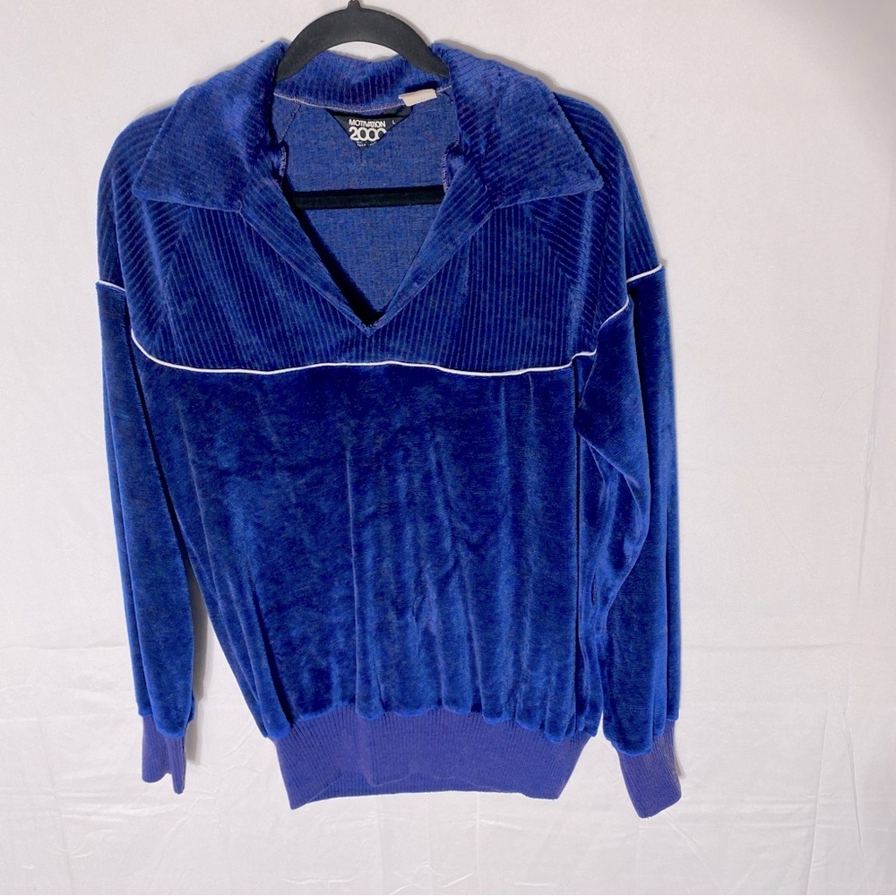 Vintage Motivation 2000 Royal Blue Velour V Neck Sweatshirt W Collar S Dadcore